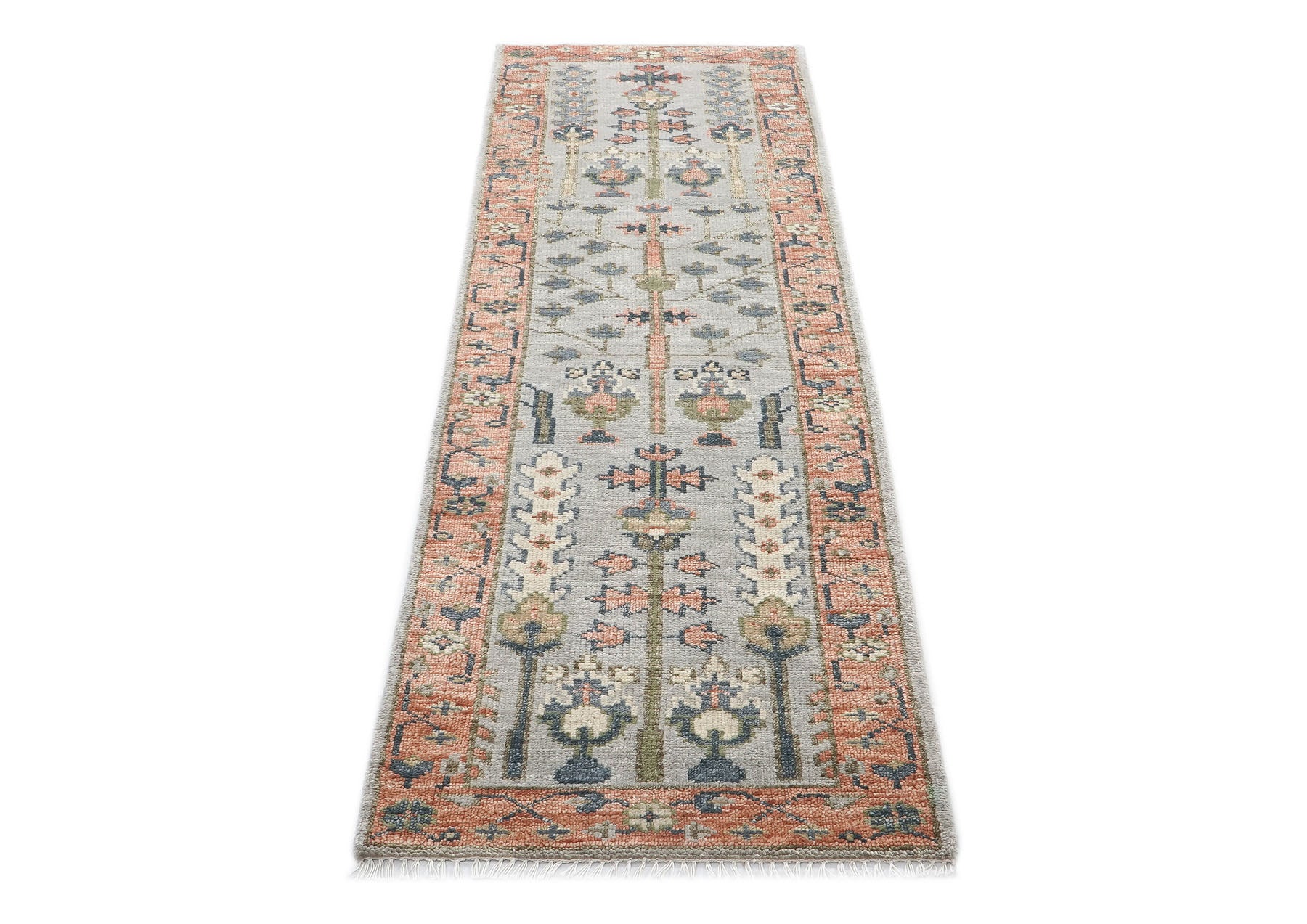 Runner Gray, Blush, Slate Color Hand Knotted Oushak Wool Transitional Oriental Rug