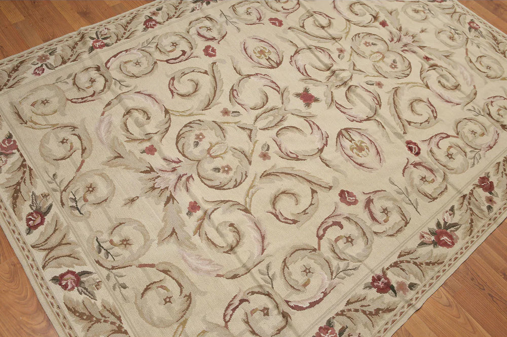 Aubin French Country Flatweave 5'5"x7'8" Beige Aubusson Wool Oriental Area Rug