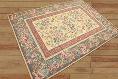 5x8 Golden Sage, Rose, Aqua Color Hand Made Needlepoint Cotton Traditional Oriental Rug