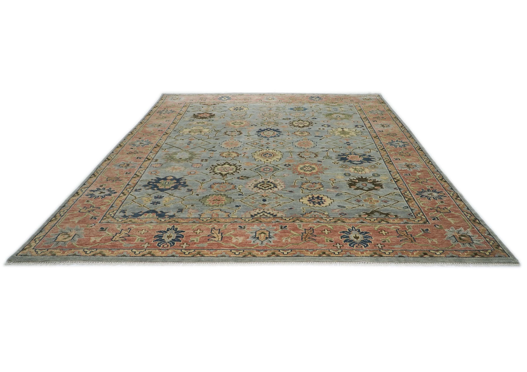 12x15 Blue, Rose, Navy Color Hand Knotted Oushak Wool Arts and Crafts Oriental Rug