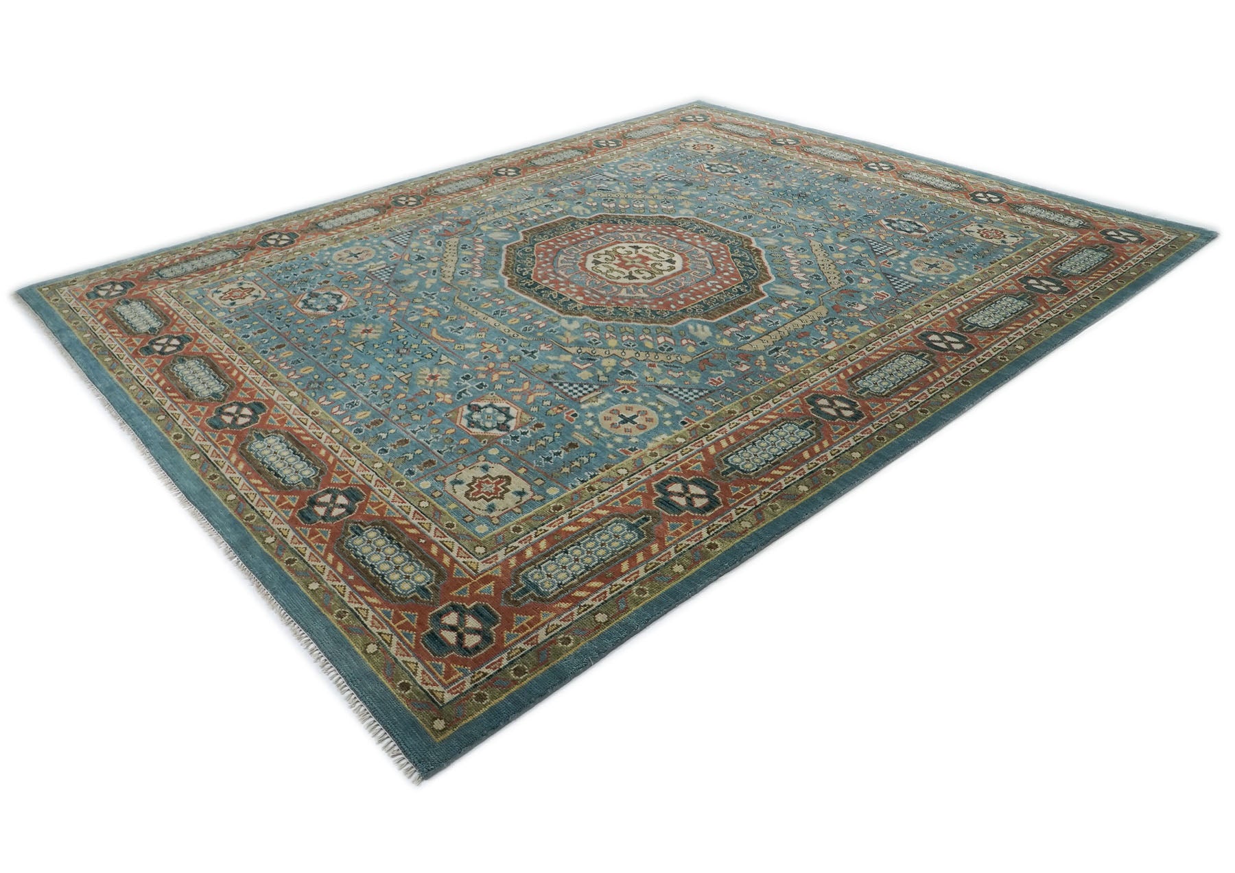 12x15 Blue, Rust, Green Color Hand Knotted Oushak Wool Traditional Oriental Rug