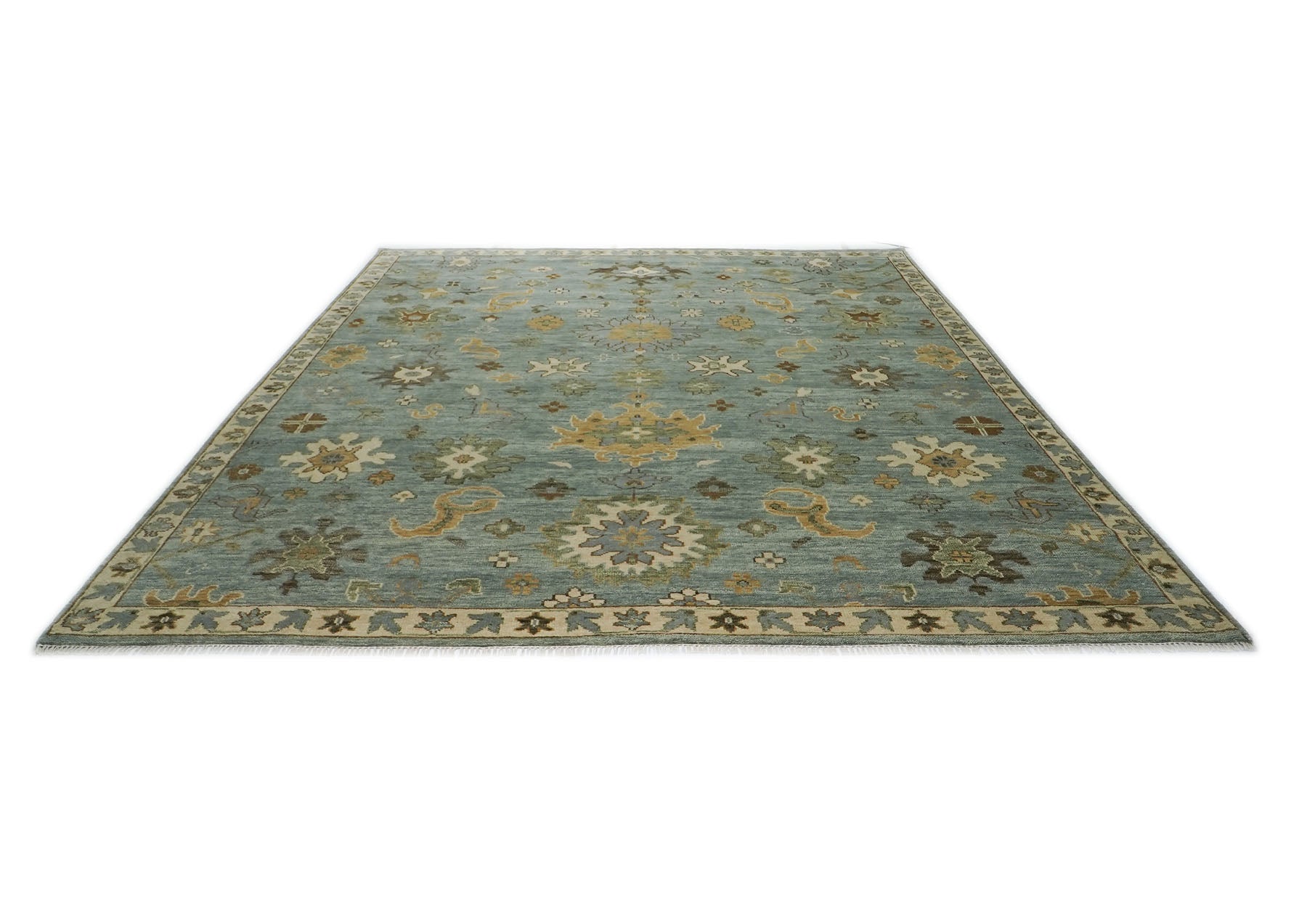 12x15 Blue, Beige, Gold Color Hand Knotted Oushak Wool Transitional Oriental Rug