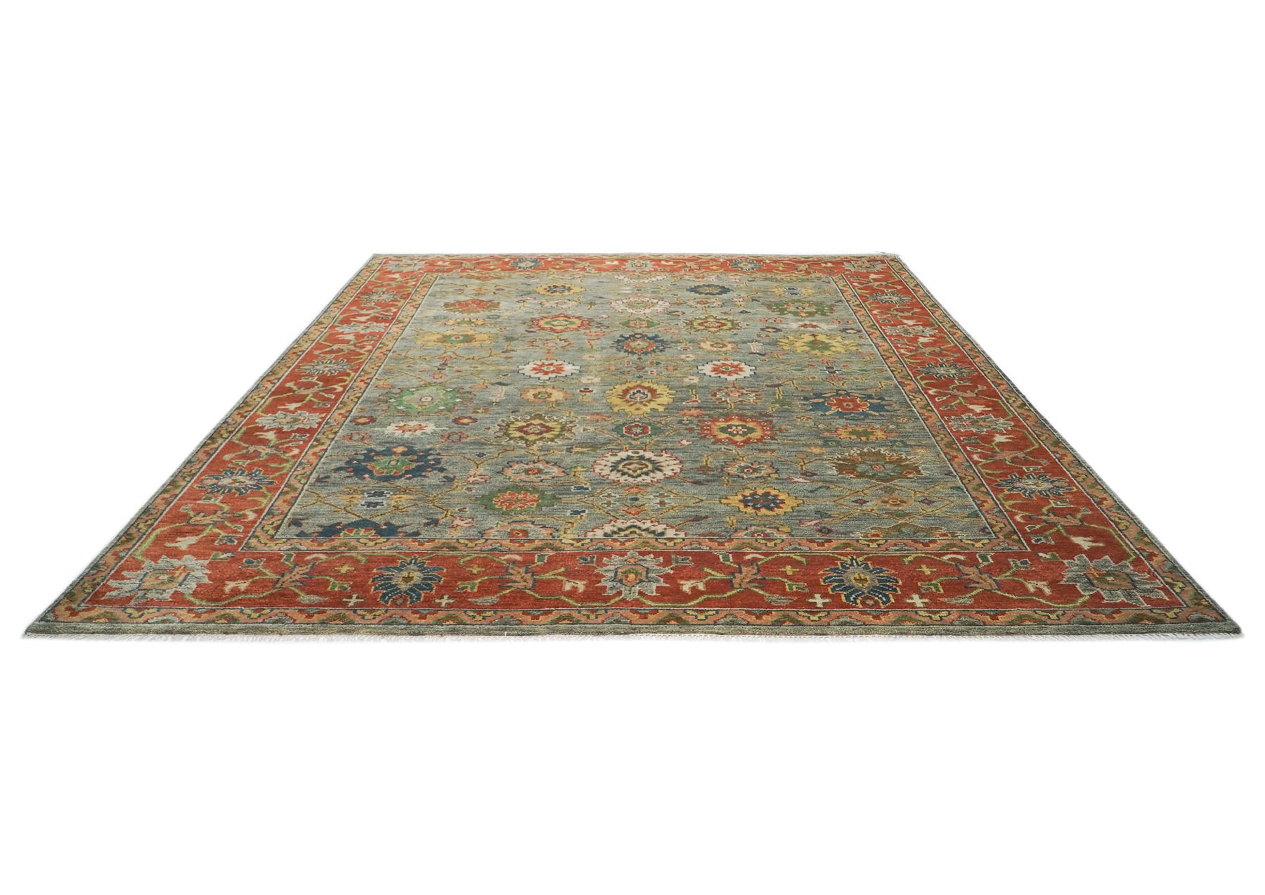 12x15 Blue, Gray, Burnt Orange Color Hand Knotted Oushak Wool Arts and Crafts Oriental Rug