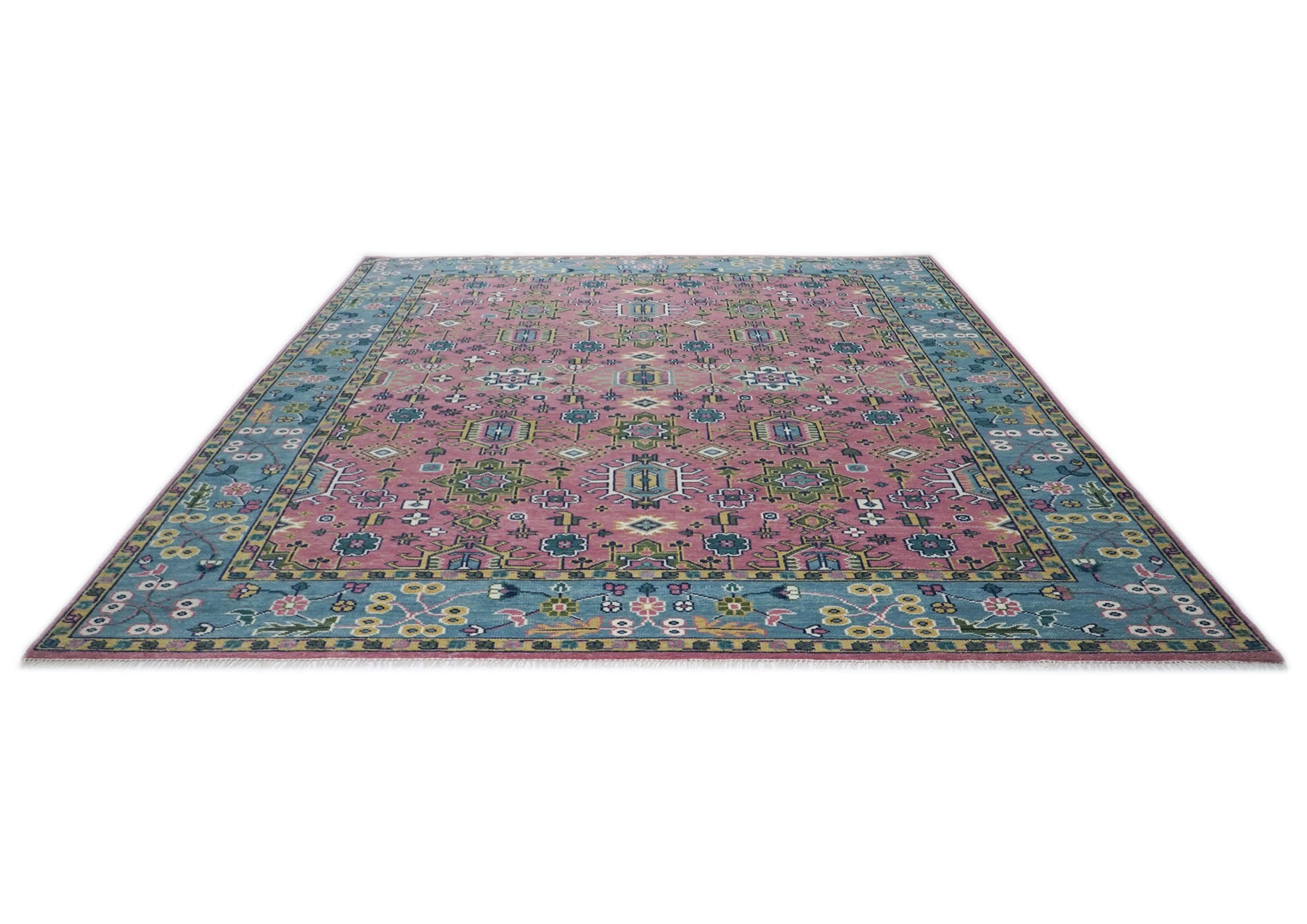 12x15 Pink, Blue, Lime Color Hand Knotted Oushak Wool Transitional Oriental Rug