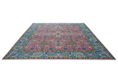 12x15 Pink, Blue, Lime Color Hand Knotted Oushak Wool Transitional Oriental Rug