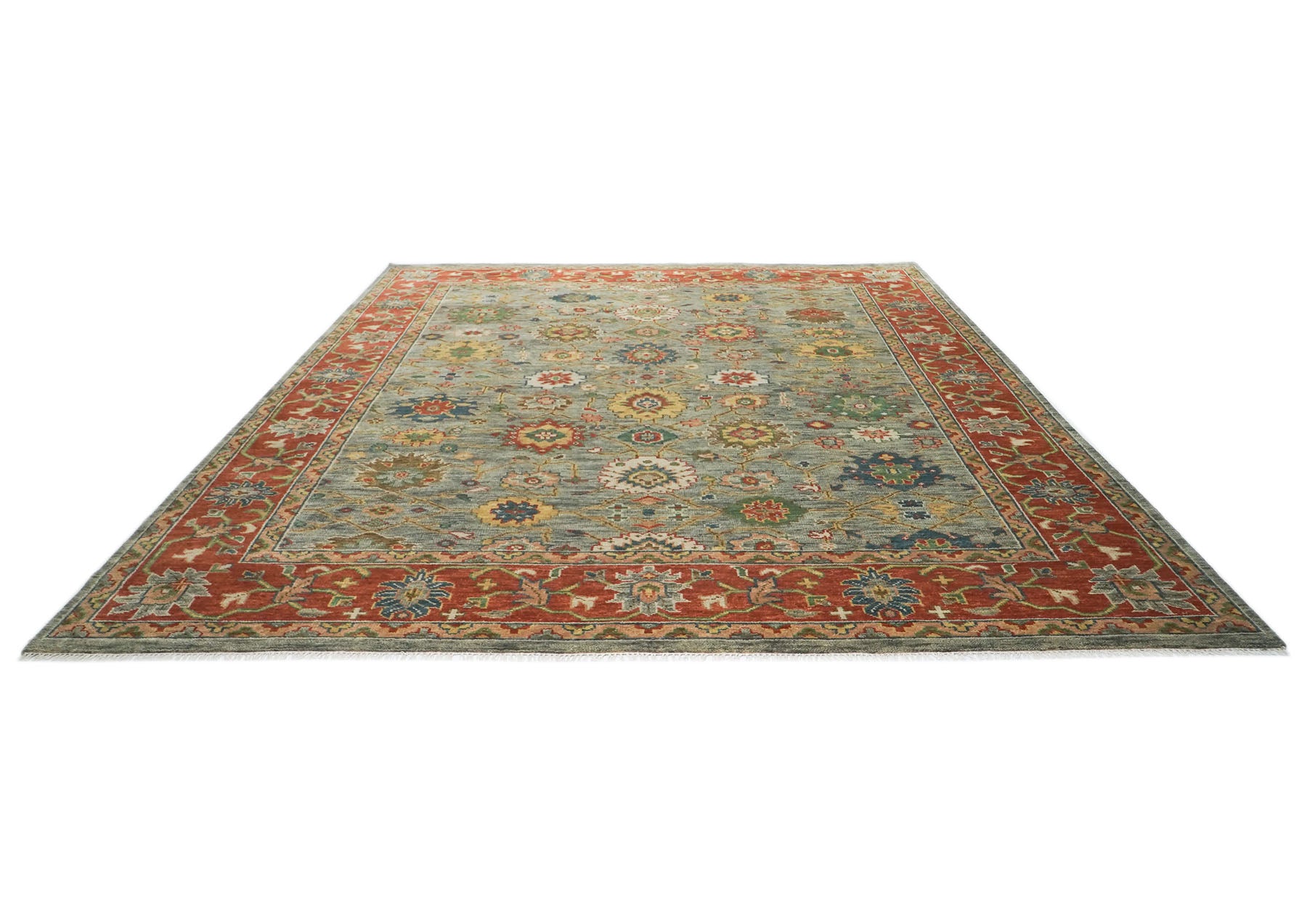 12x15 Gray, Blue, Burnt Orange Color Hand Knotted Oushak Wool Arts and Crafts Oriental Rug