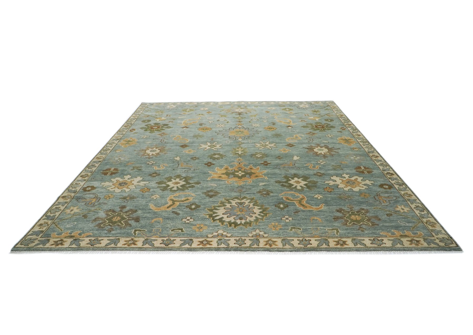 12x15 Seledon, Beige, Lime Color Hand Knotted Oushak Wool Transitional Oriental Rug