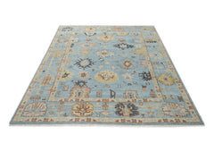 9x12 Blue, Beige, Light Gold Color Hand Knotted Oushak Wool Arts and Crafts Oriental Rug