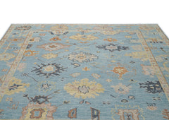9x12 Blue, Light Gold, Rose Color Hand Knotted Oushak Wool Arts and Crafts Oriental Rug