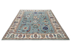 9x12 Blue, Ivory, Burnt Orange Color Hand Knotted Oushak Wool Transitional Oriental Rug