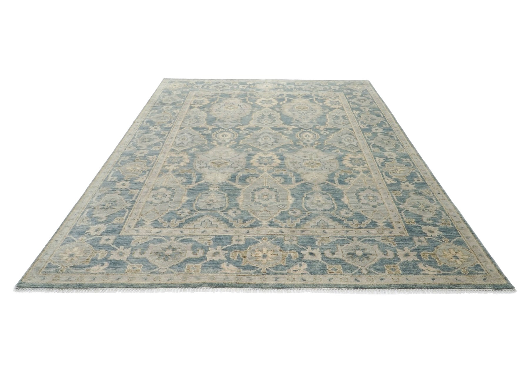9x12 Blue, Slate, Beige Color Hand Knotted Oushak Wool Transitional Oriental Rug