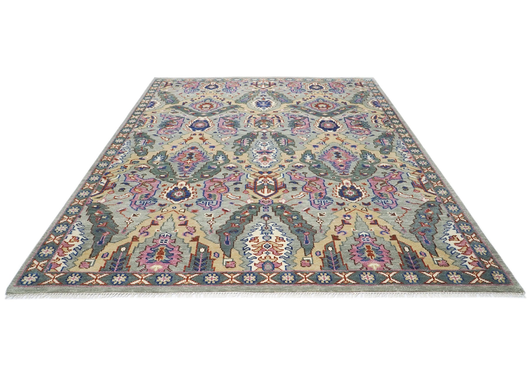 9x12 Slate, Gray, Pink Color Hand Knotted Oushak Wool Arts and Crafts Oriental Rug