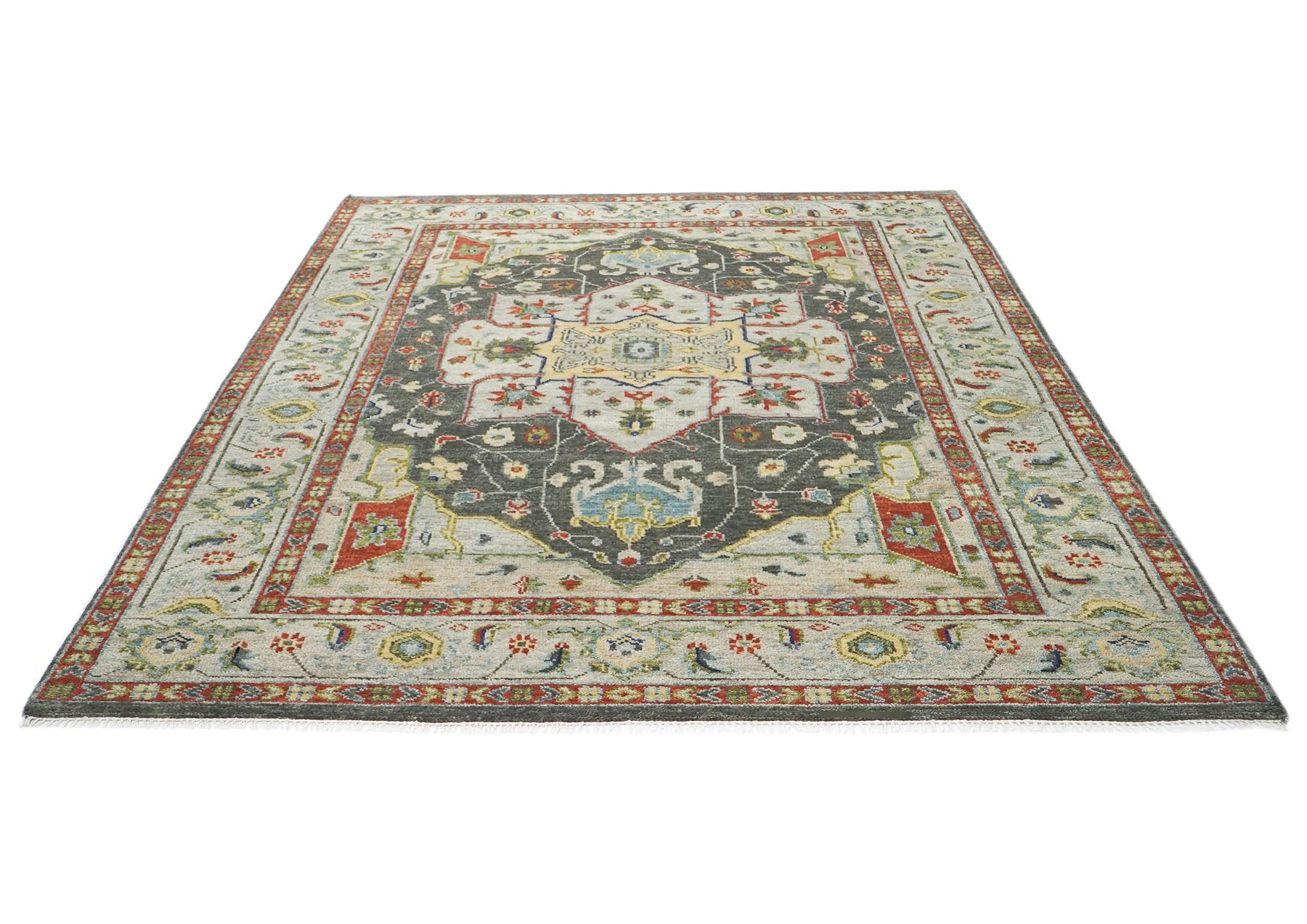 9x12 Gray, Burnt Orange, Lime Color Hand Knotted Oushak Wool  Oriental Rug