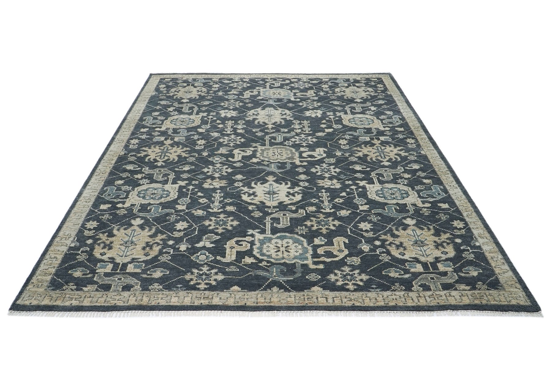 9x12 Blue, Slate, Beige Color Hand Knotted Oushak Wool Arts and Crafts Oriental Rug