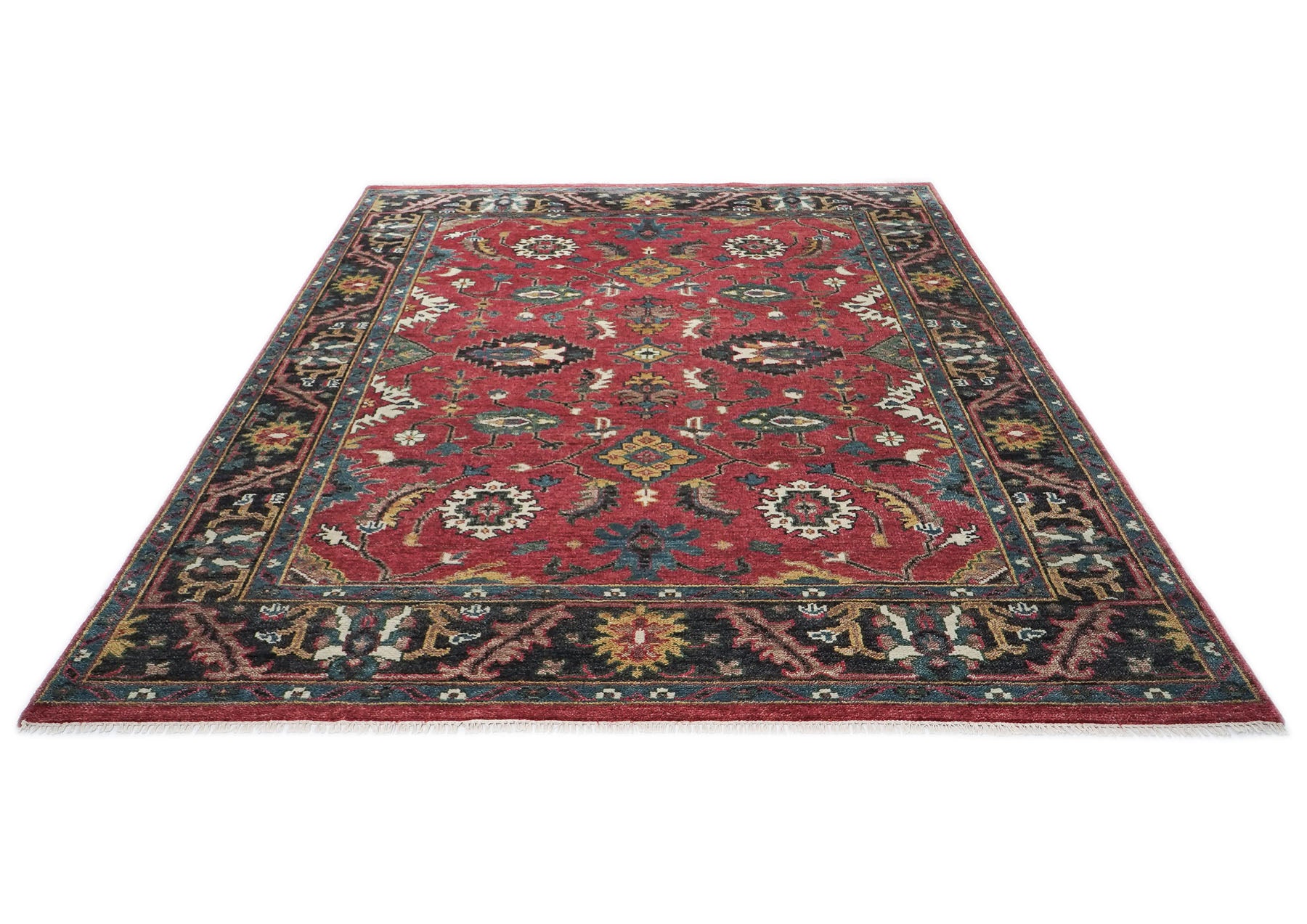 9x12 Coral, Teal, Ivory Color Hand Knotted Oushak Wool Arts and Crafts Oriental Rug