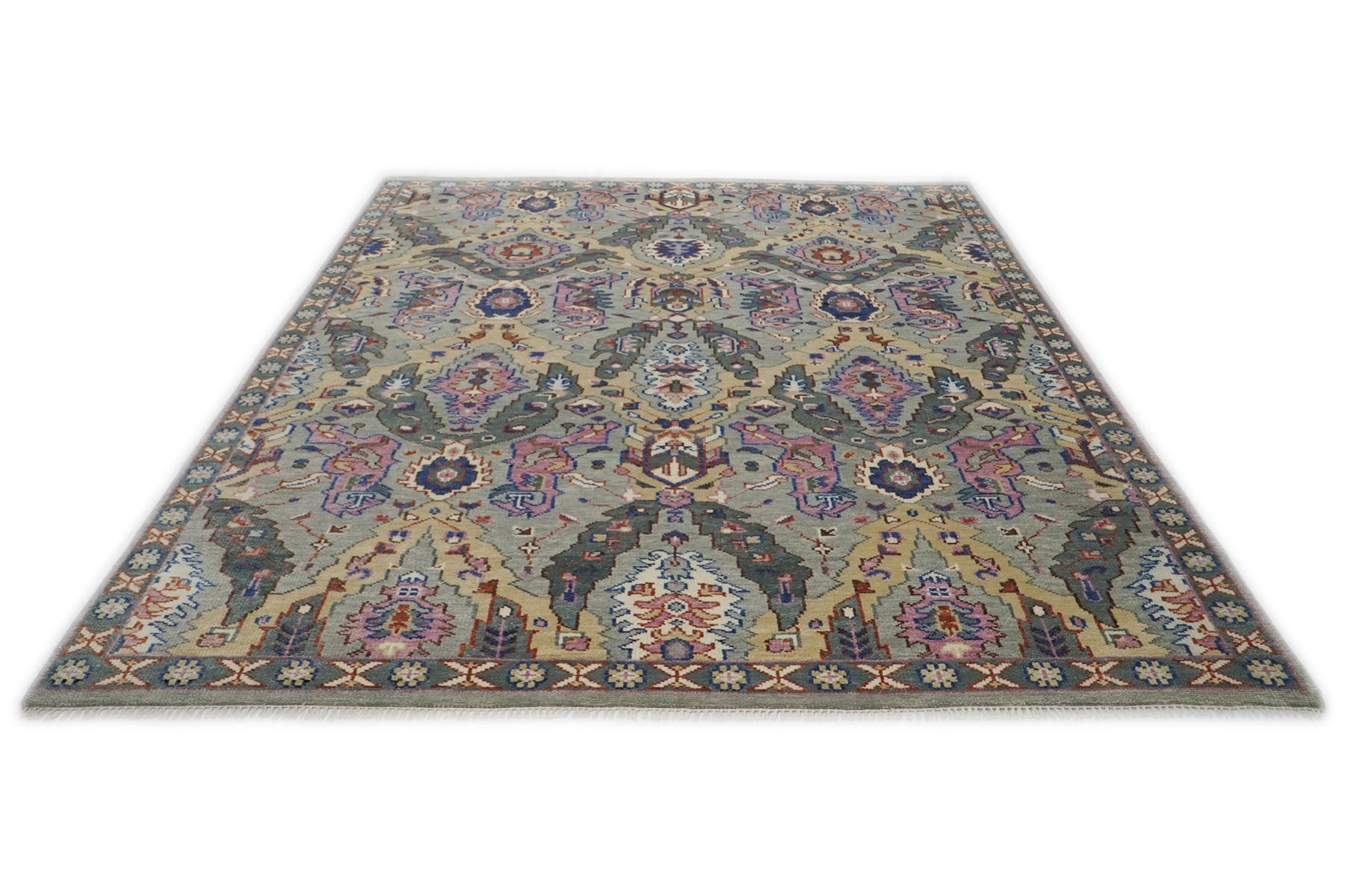 9x12 Gray, Tan, Rose Color Hand Knotted Oushak Wool Arts and Crafts Oriental Rug