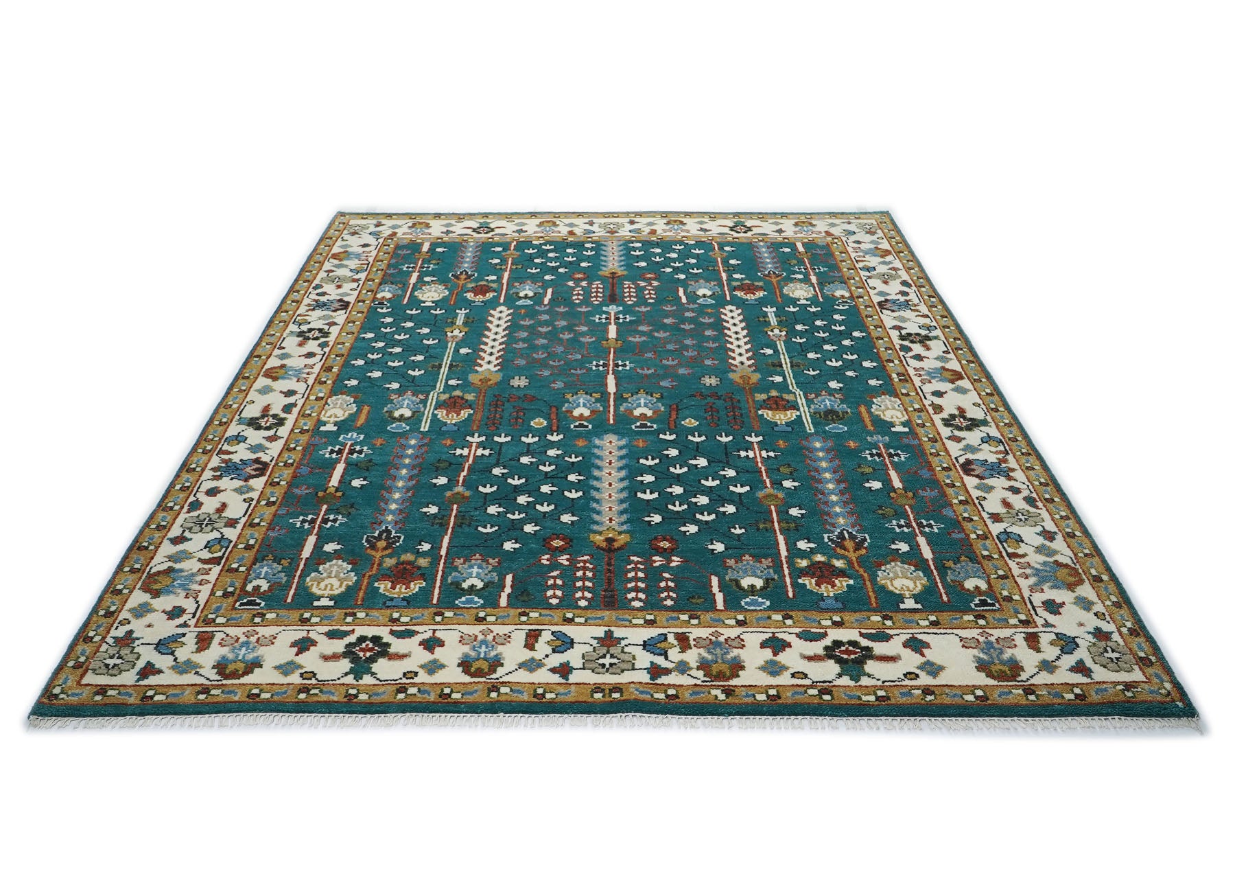 9x12 Turquoise, Ivory, Burnt Orange Color Hand Knotted Oushak Wool Transitional Oriental Rug