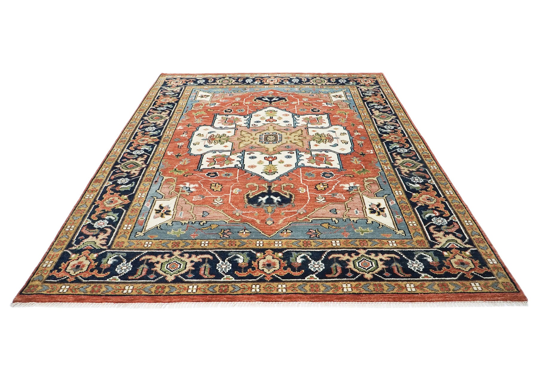 9x12 Burnt Orange, Ivory, Navy Color Hand Knotted Oushak Wool  Oriental Rug