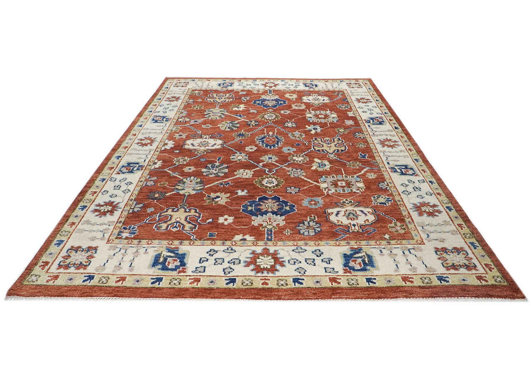 9x12 Burnt Orange, Ivory, Navy Color Hand Knotted Oushak Wool Transitional Oriental Rug