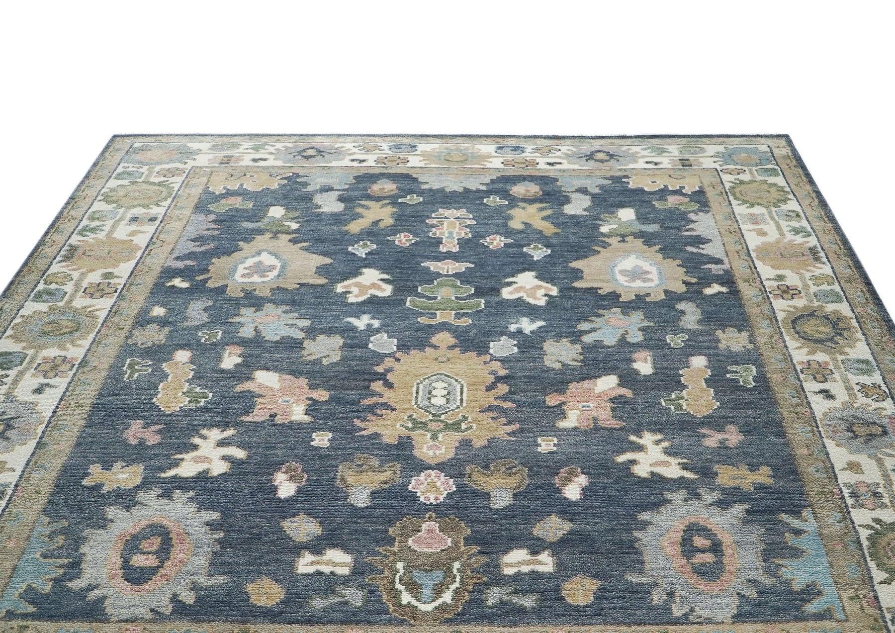 9x12 Blue, Ivory, Moss Color Hand Knotted Oushak Wool Arts and Crafts Oriental Rug