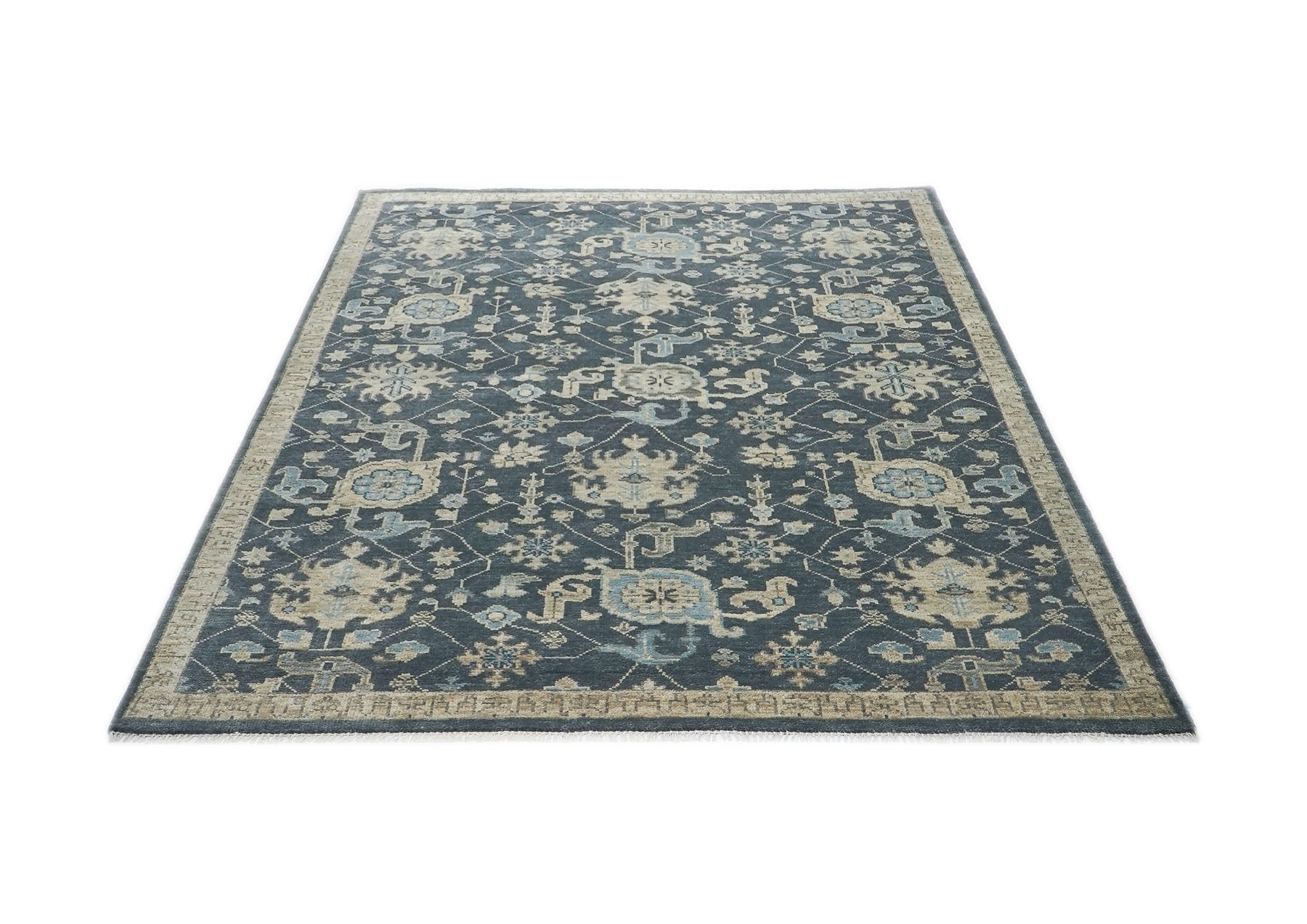 9x12 Blue, Beige, Gray Color Hand Knotted Oushak Wool Transitional Oriental Rug