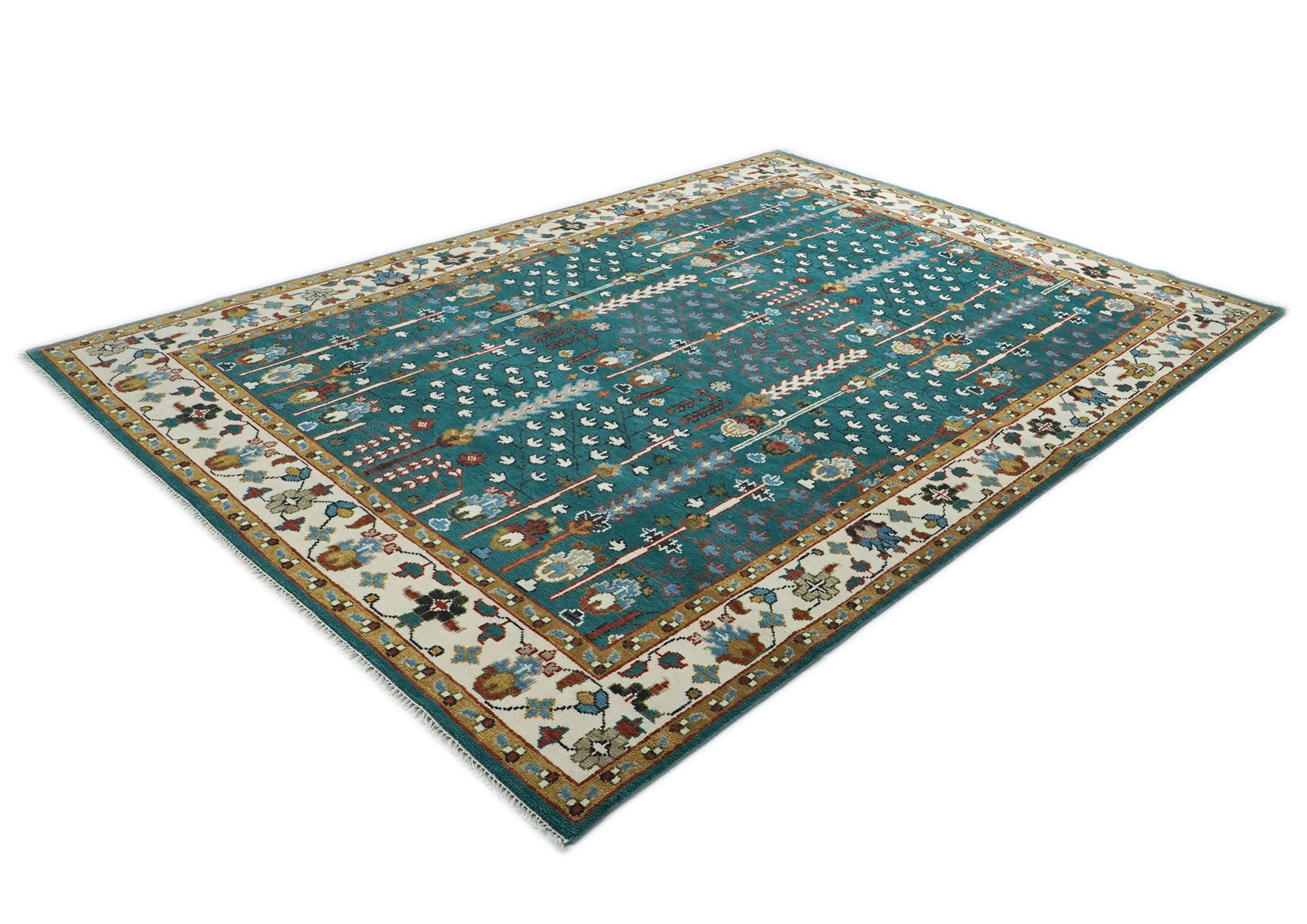 10x14 Teal, Ivory, Gold Color Hand Knotted Oushak Wool Transitional Oriental Rug