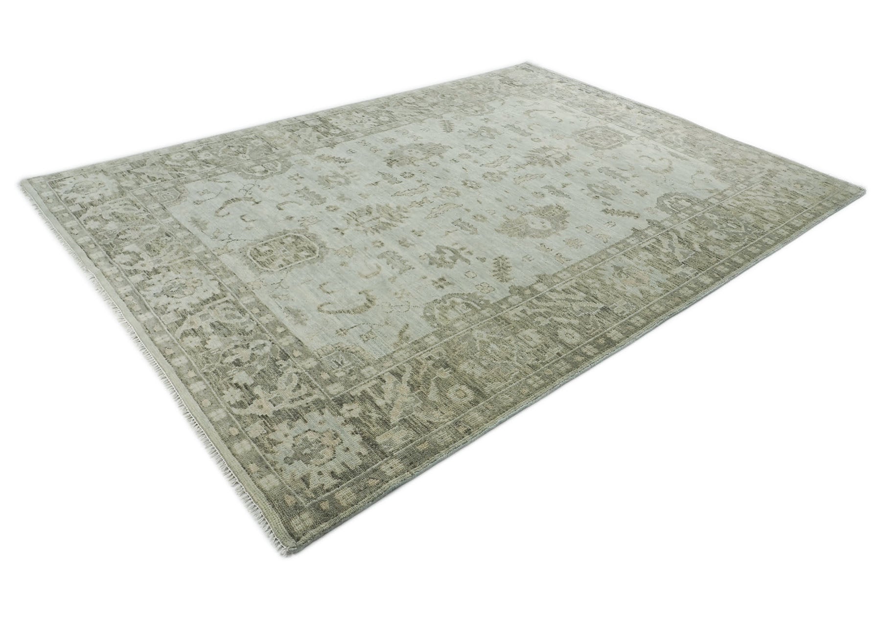 10x14 Gray, Moss, Multi Color Hand Knotted Oushak Wool Transitional Oriental Rug