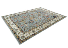 10x14 Blue, Ivory, Gold Color Hand Knotted Oushak Wool Arts and Crafts Oriental Rug