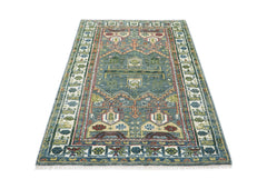 5x8 Teal, Ivory, Lime Color Hand Knotted Oushak Wool Transitional Oriental Rug