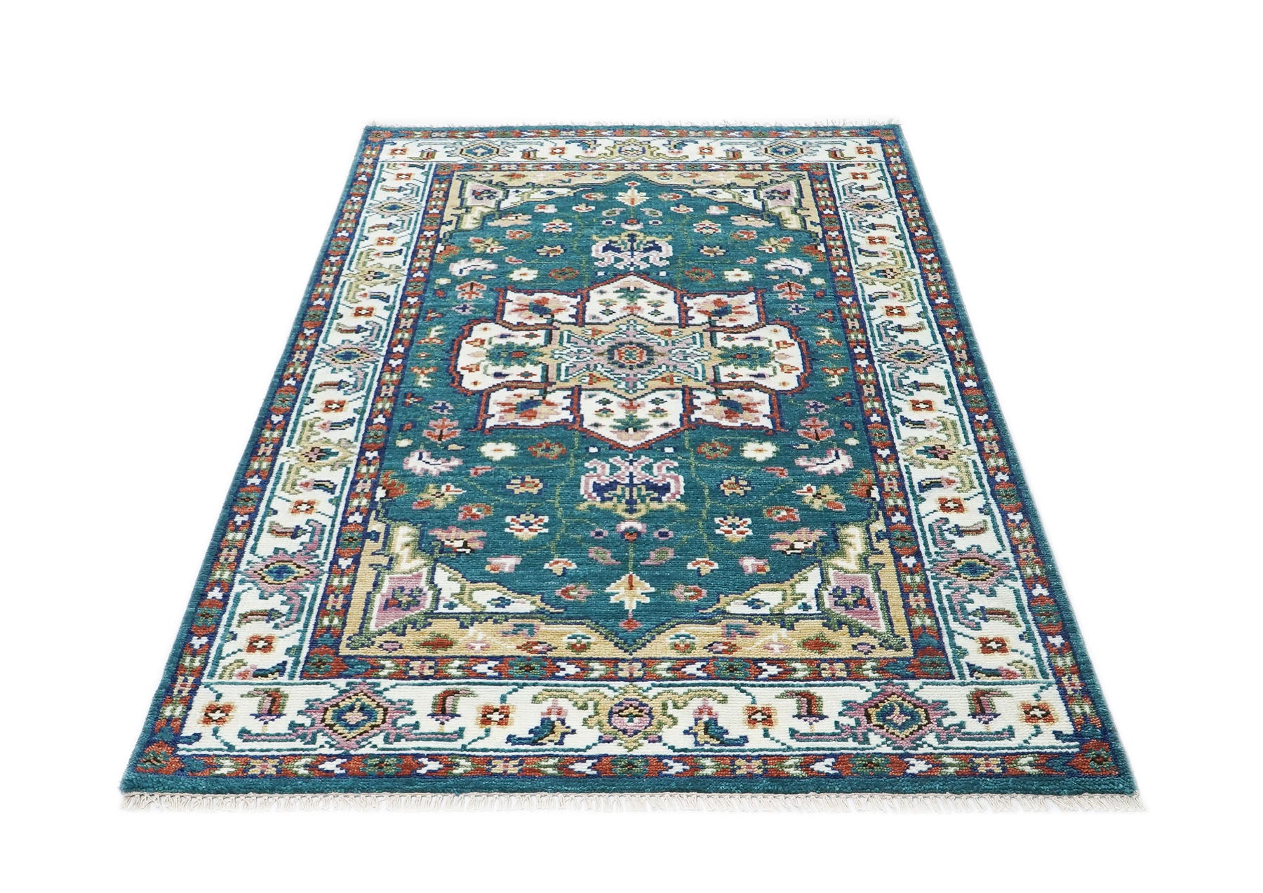 5x8 Turquoise, Ivory, Burnt Orange Go Color Hand Knotted Oushak Wool Traditional Oriental Rug