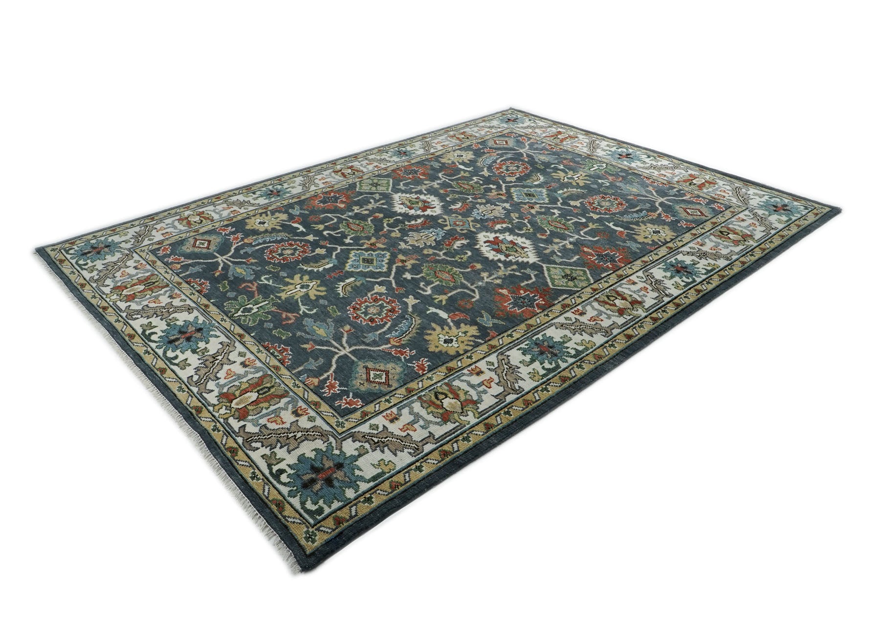 10x14 Dark Blue, Ivory, Green Color Hand Knotted Oushak Wool Arts and Crafts Oriental Rug