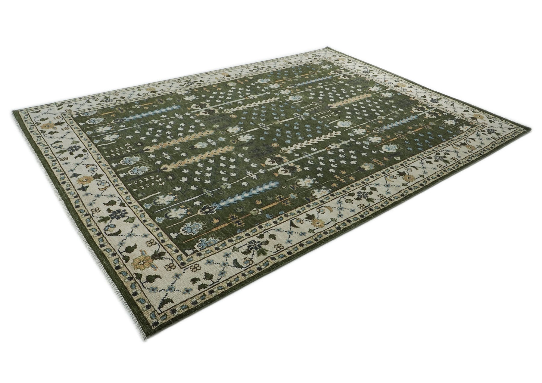 10x14 Green, Ivory, Tan Color Hand Knotted Oushak Wool Transitional Oriental Rug