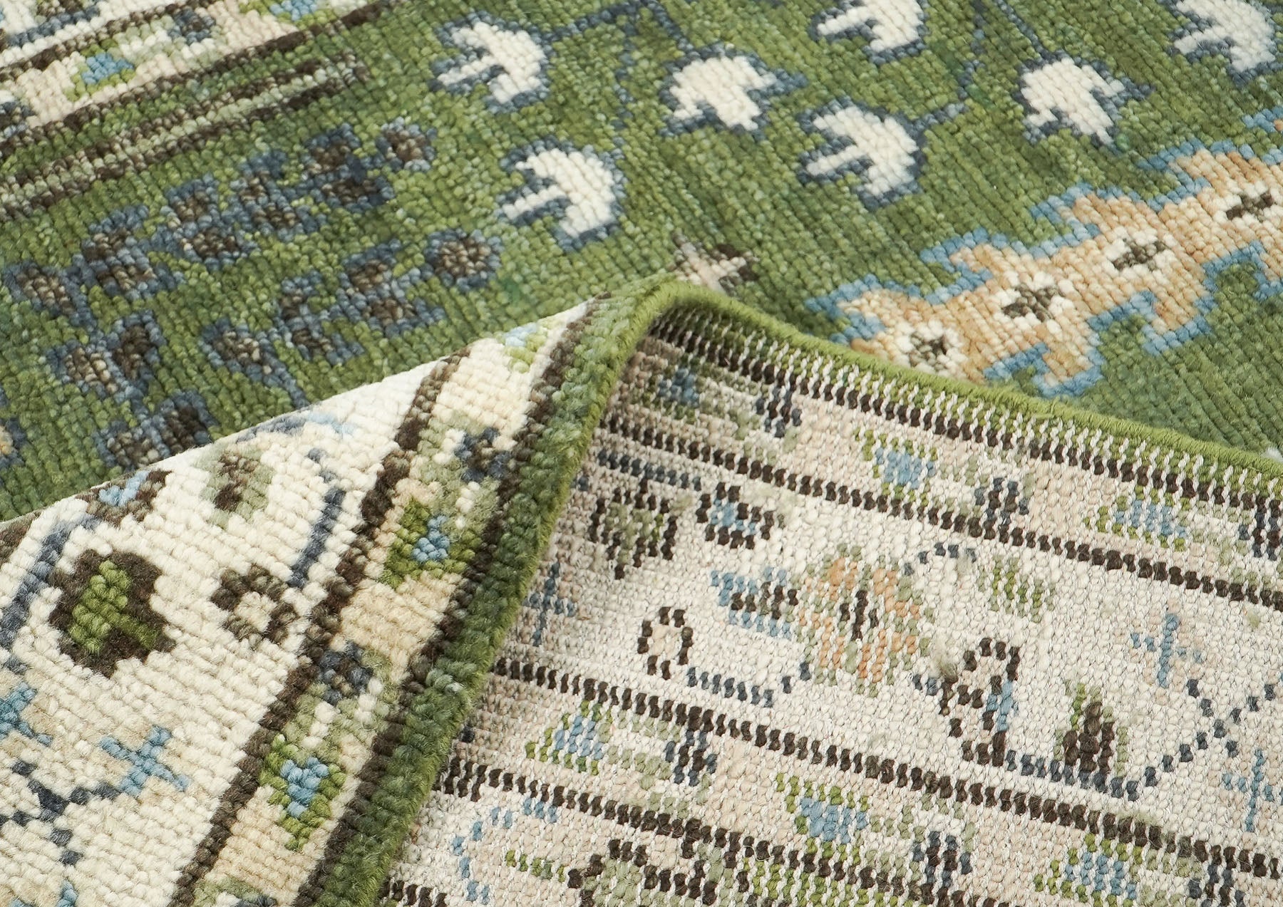 5x8 Green, Ivory, Blue Color Hand Knotted Oushak Wool Transitional Oriental Rug