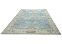 10x14 Aqua, Gray, Tan Color Hand Knotted Oushak Wool Transitional Oriental Rug