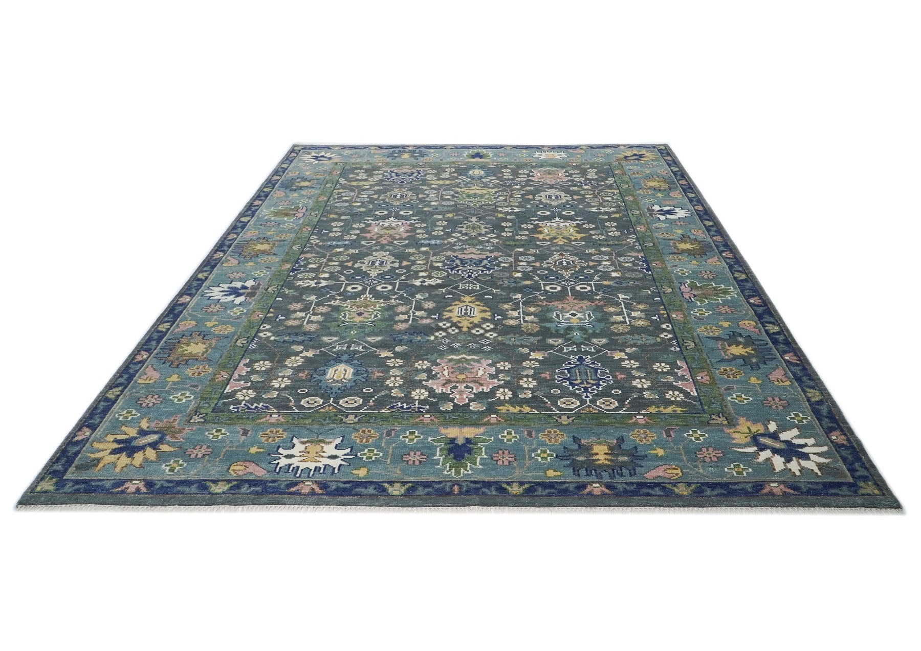 10x14 Blue, Aqua, Rose Color Hand Knotted Oushak Wool Arts and Crafts Oriental Rug