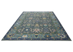 10x14 Blue, Aqua, Rose Color Hand Knotted Oushak Wool Arts and Crafts Oriental Rug