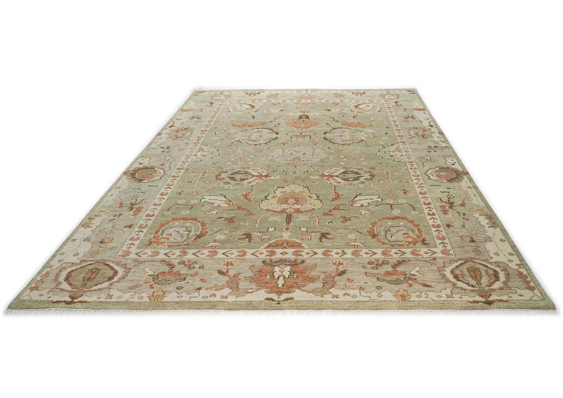 10x14 Green, Peach, Gray Color Hand Knotted Oushak Wool Arts and Crafts Oriental Rug