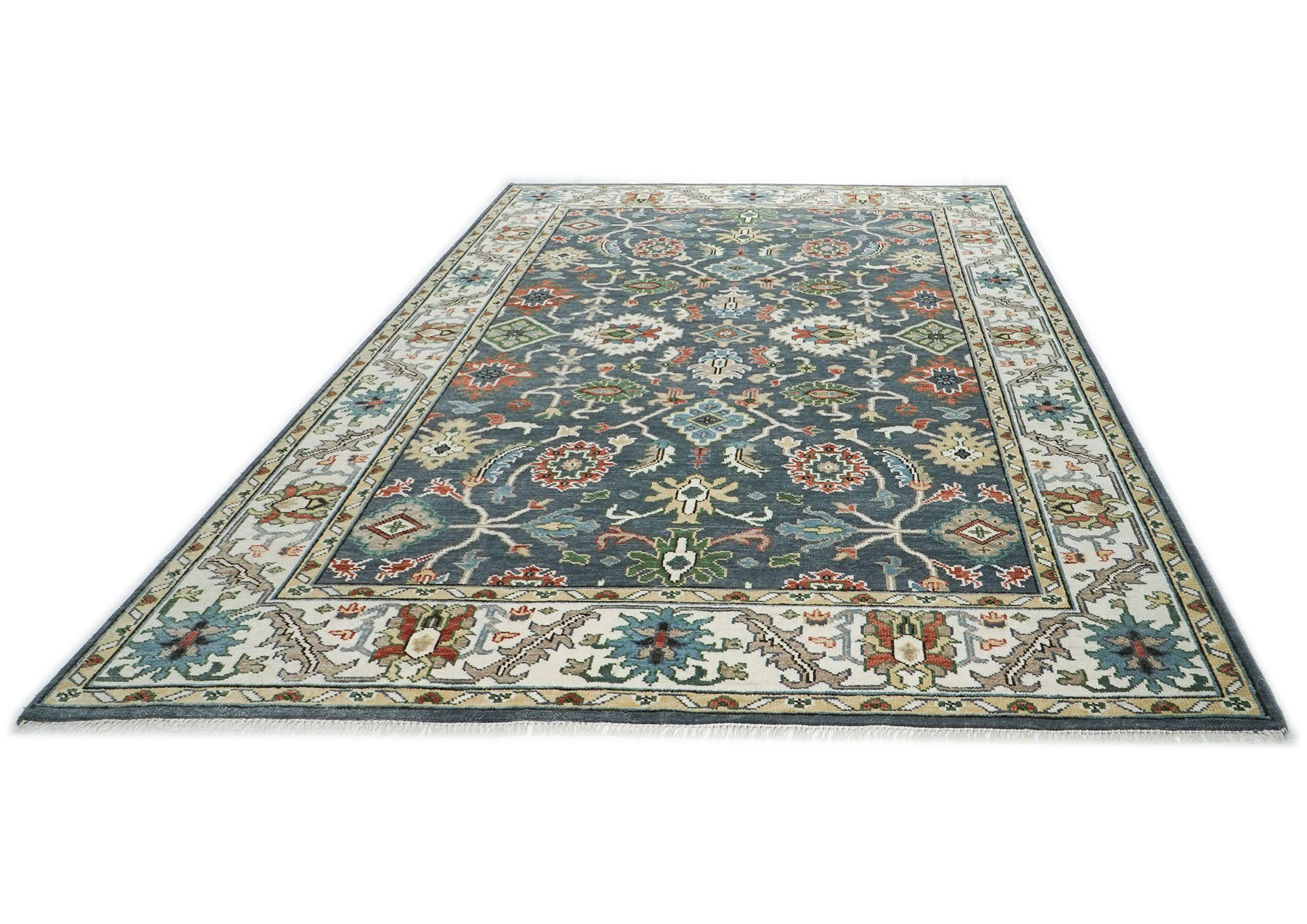 10x14 Blue, Slate, Ivory Color Hand Knotted Oushak Wool Arts and Crafts Oriental Rug
