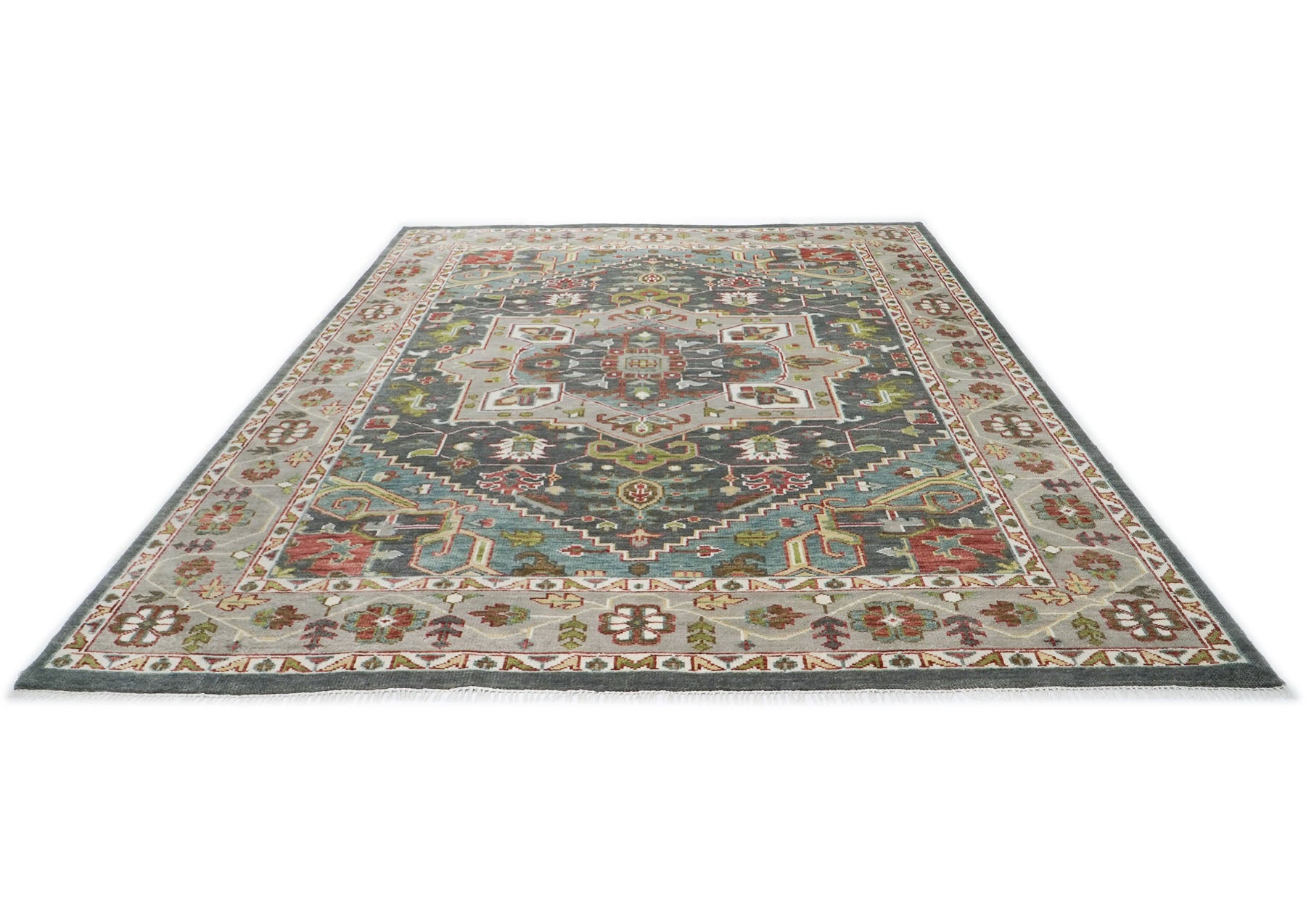 10x14 Slate, Ivory, Lime Color Hand Knotted Oushak Wool  Oriental Rug