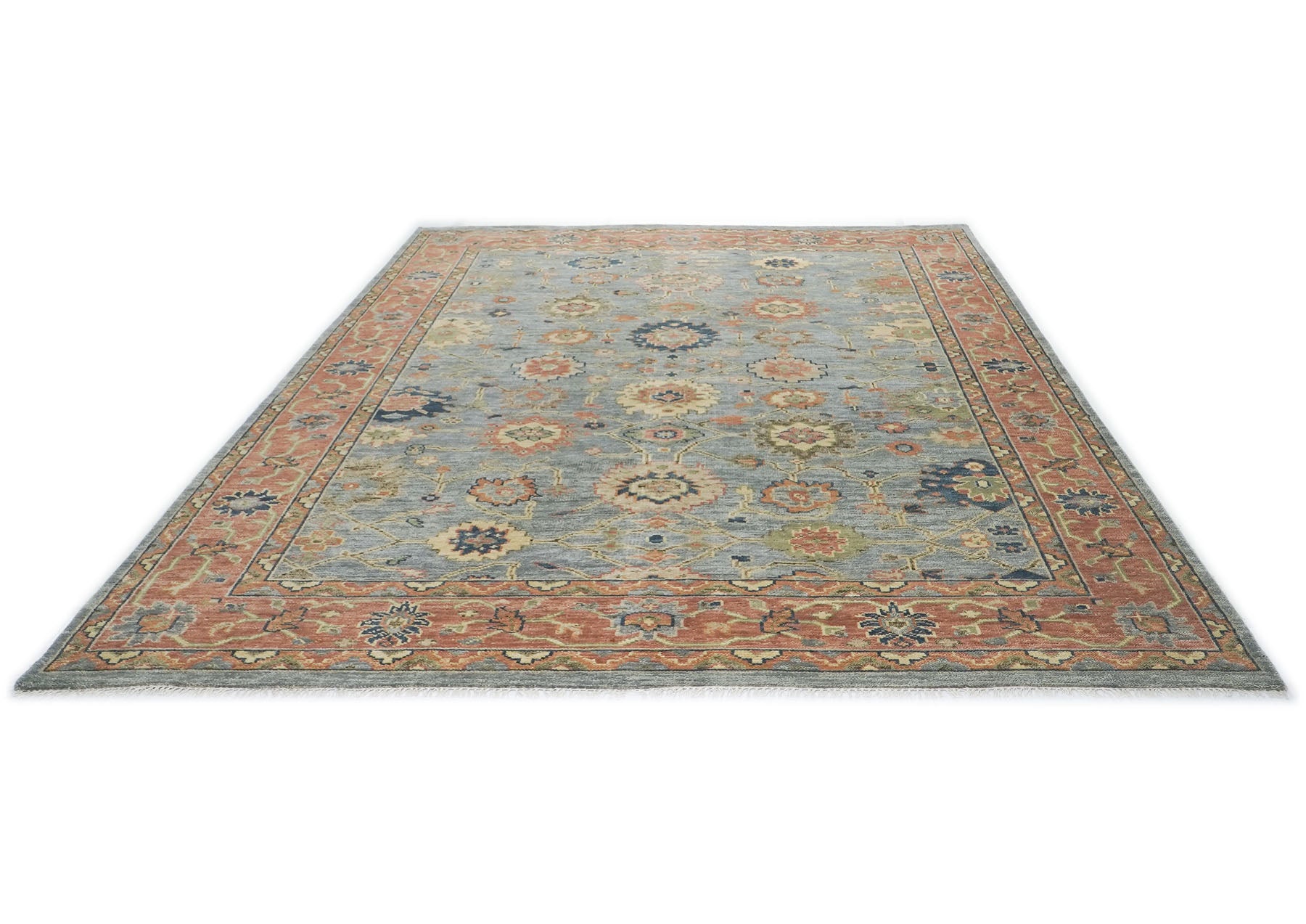 10x14 Blue, Rose, Lime Color Hand Knotted Oushak Wool Arts and Crafts Oriental Rug