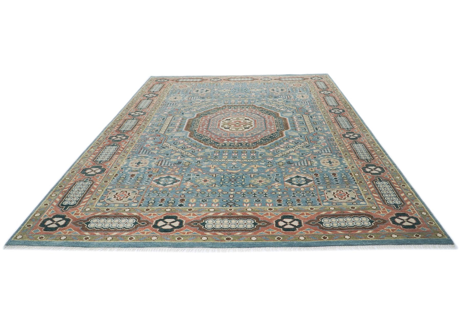 10x14 Blue, Rust, Green Color Hand Knotted Oushak Wool Traditional Oriental Rug