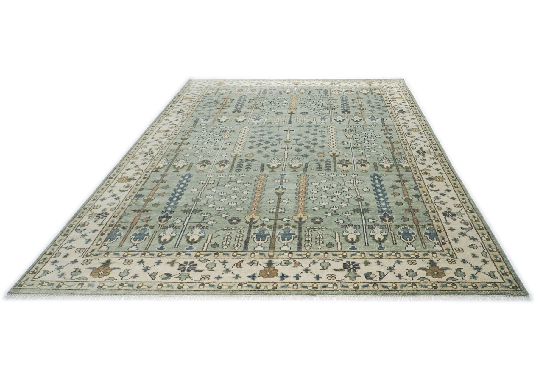 10x14 Celadon, Beige, Green Color Hand Knotted Oushak Wool Transitional Oriental Rug
