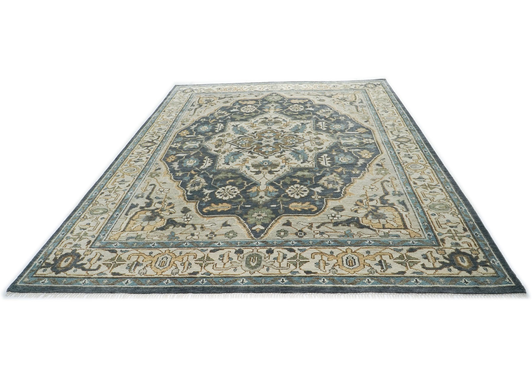 10x14 Slate, Blue, Beige Color Hand Knotted Oushak Wool  Oriental Rug