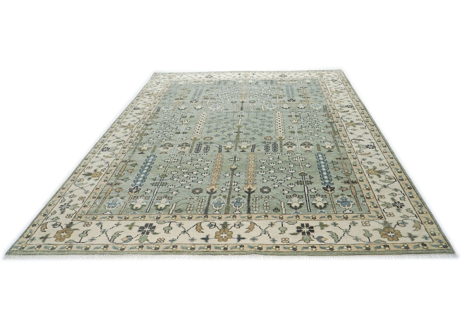 10x14 Celadon, Beige, Green Color Hand Knotted Oushak Wool Transitional Oriental Rug