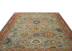 9x12 Blue, Burnt Orange, Gray Color Hand Knotted Oushak Wool Arts and Crafts Oriental Rug
