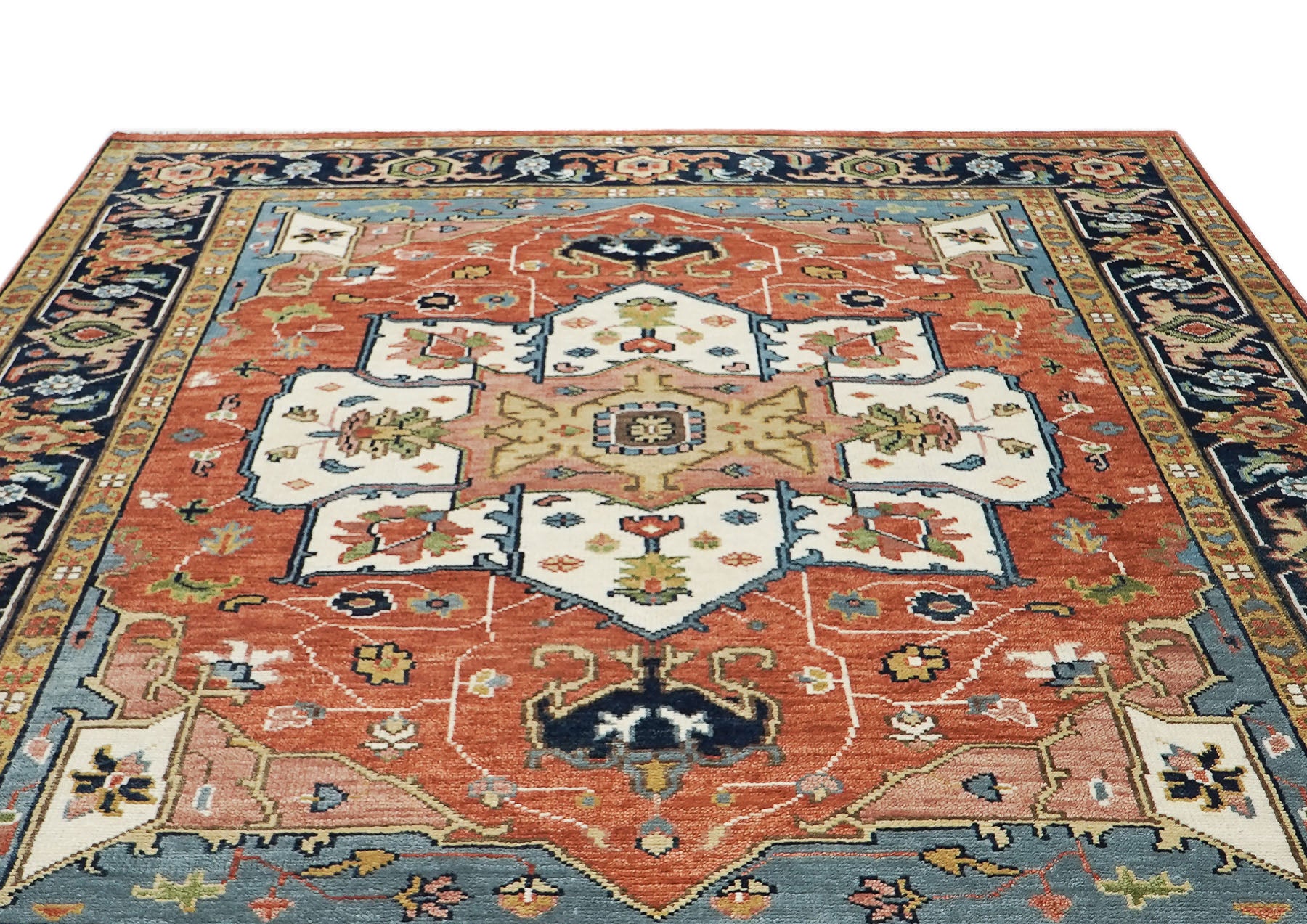 9x12 Burnt Orange, Ivory, Navy Color Hand Knotted Oushak Wool  Oriental Rug