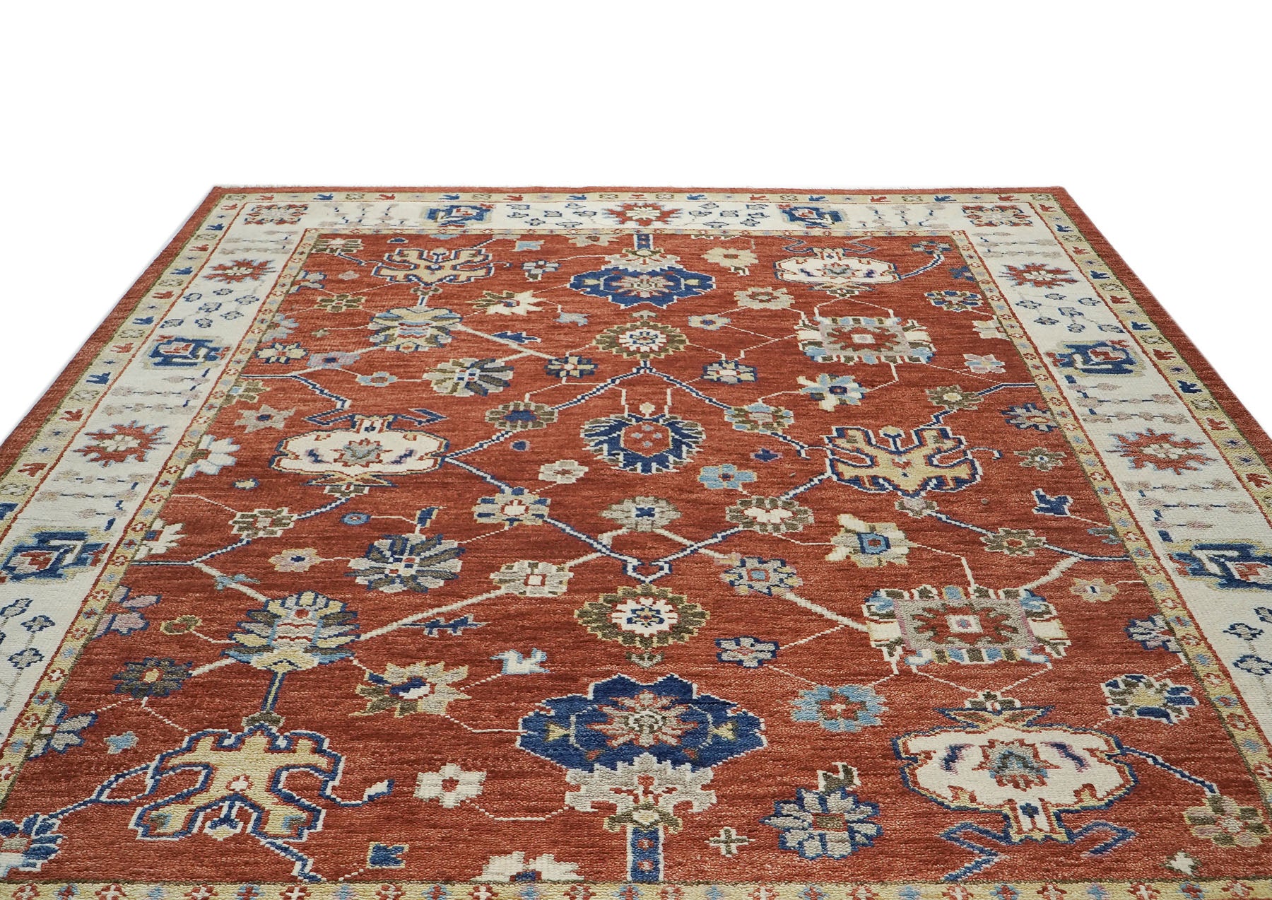 9x12 Burnt Orange, Ivory, Navy Color Hand Knotted Oushak Wool Transitional Oriental Rug