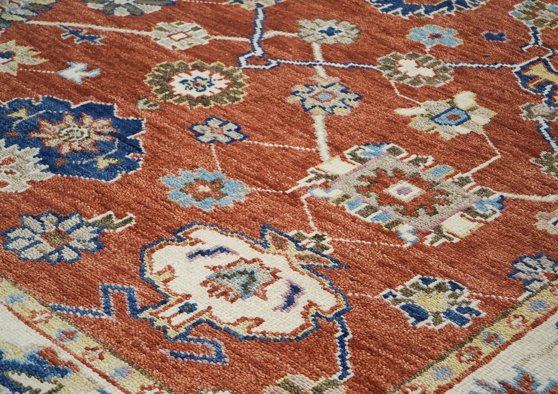9x12 Burnt Orange, Ivory, Navy Color Hand Knotted Oushak Wool Transitional Oriental Rug