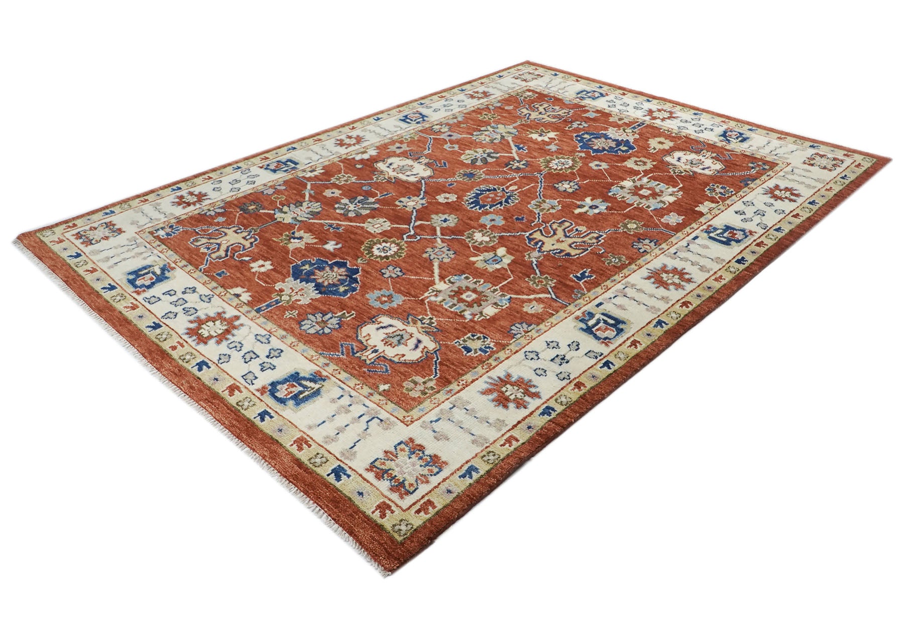 9x12 Burnt Orange, Ivory, Navy Color Hand Knotted Oushak Wool Transitional Oriental Rug