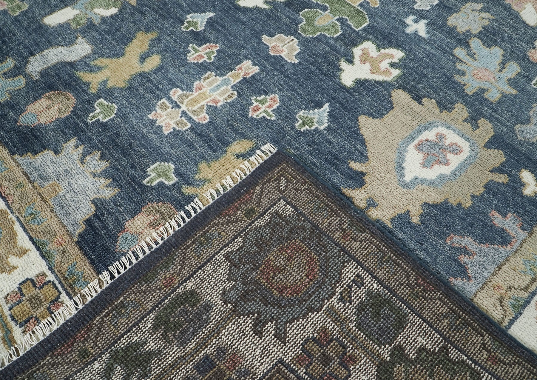 9x12 Blue, Ivory, Moss Color Hand Knotted Oushak Wool Arts and Crafts Oriental Rug